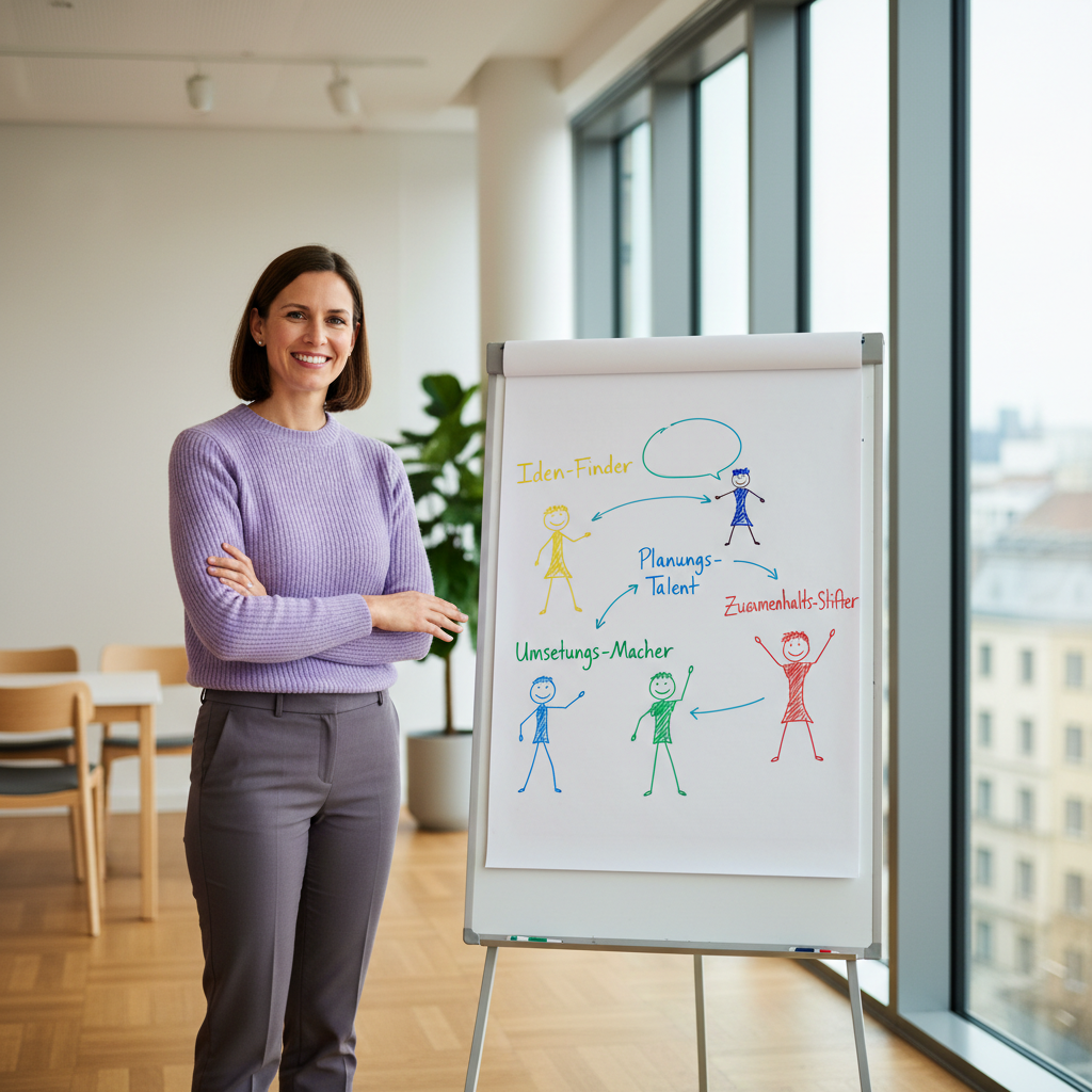 Trainerin am Flipchart erklärt Teamrollen im METASKILLS Trainingsraum